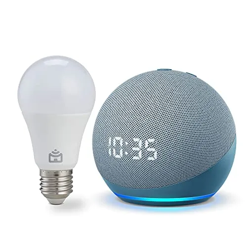 Echo Dot (4ª geração): Smart Speaker com Relógio e Alexa - Cor Azul + Lâmpada Inteligente Positivo Configuração Livre de Frustração